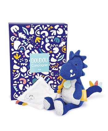 Doudou Dárková sada - Plyšový dinosaurus s dečkou 25 cm modrý